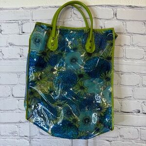 Vintage 1960s 1970s Floral Vinyl Tote Bag Clear Retro Flower Power Green Handles